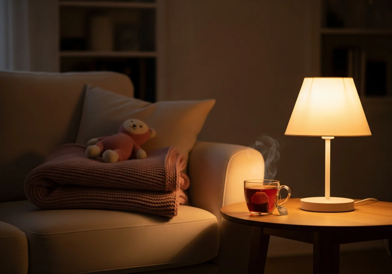 Ruhige, warme Abendszene mit weicher Strickdecke und Kuscheltier