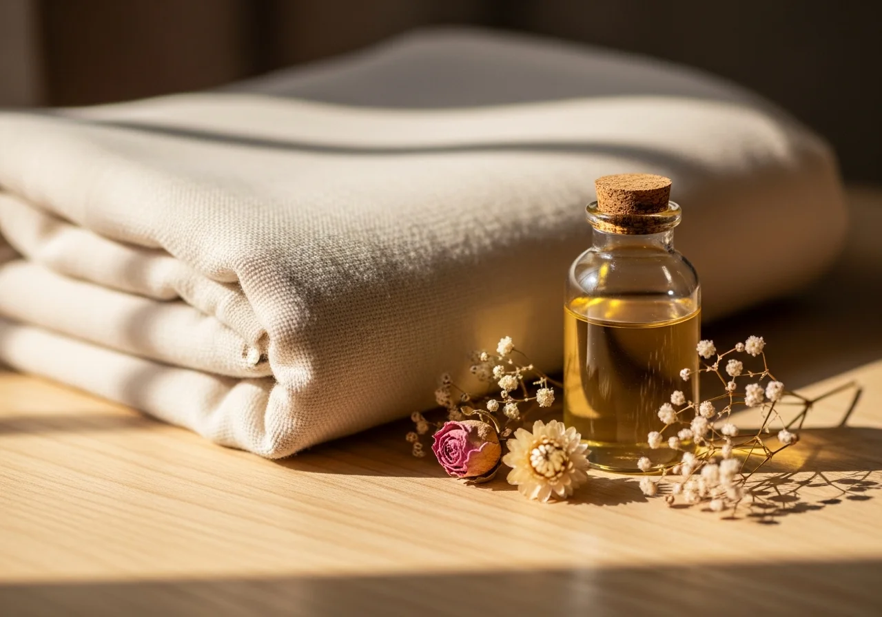 Weiche Babydecke und ein Fläschchen natürliches Massageöl auf hellem Holz