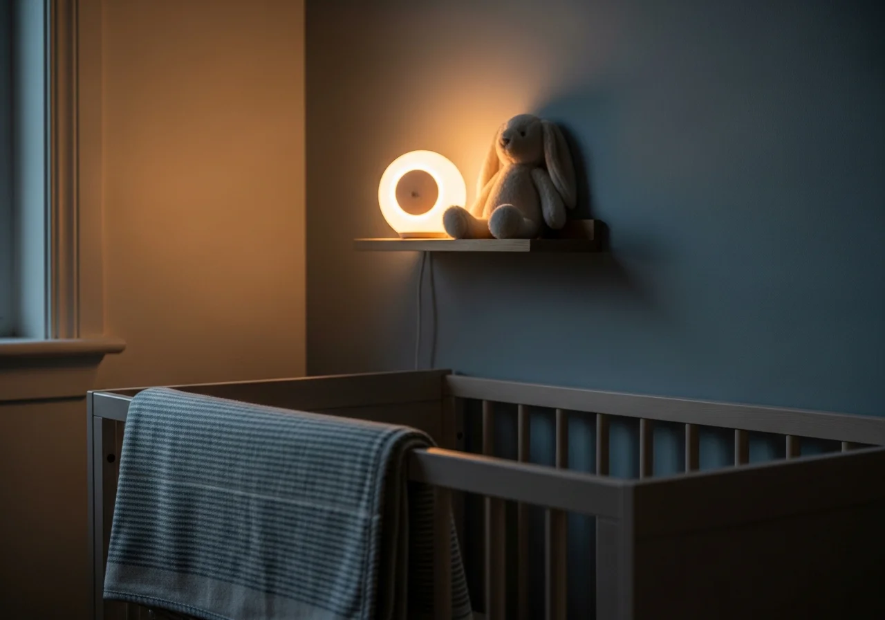 Ruhige Kinderzimmerecke am Abend mit weicher Decke und warmem Nachtlicht