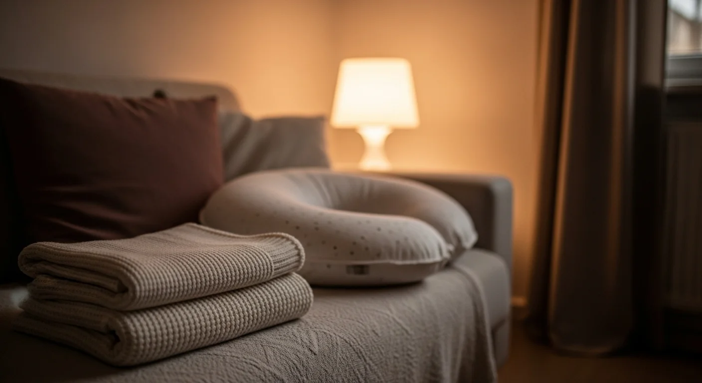 Warme, ruhige Abendszene mit Strickdecke, Stillkissen und weichem Lampenlicht